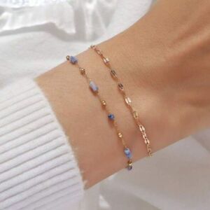 2 Pc Natural Stone Beaded Gold Bracelet Set Adjstable Chain Blue Double Layer